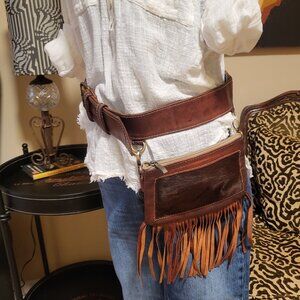 Brown Leather and Cow Hide Fringe Waist Bag